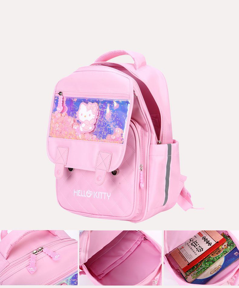 翻蓋式多隔層書包-卡通人物Kitty-紫色 (建議身高110-135cm)