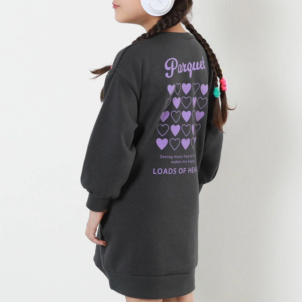 裏起毛落肩印花長袖洋裝-滿滿愛心-灰黑