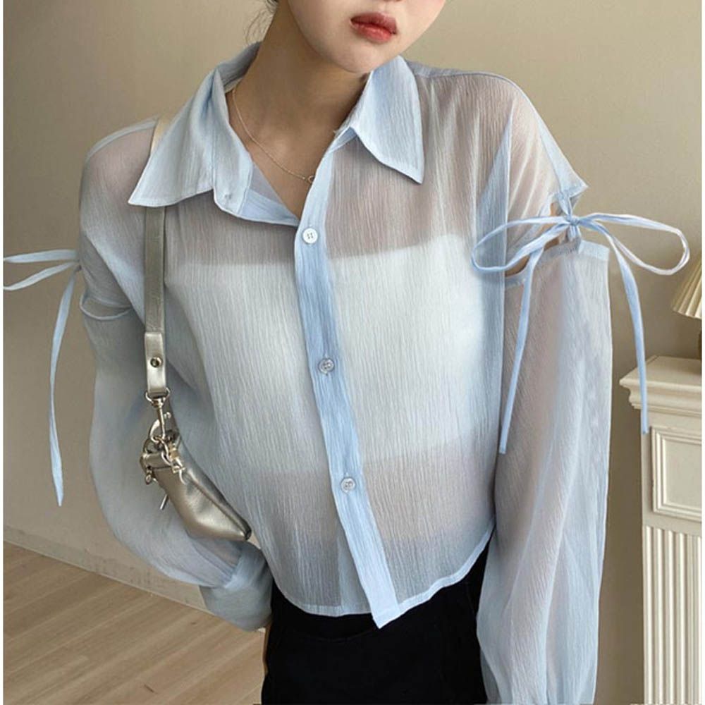 俏麗綁帶透膚防曬短版薄襯衫-水藍 (F)