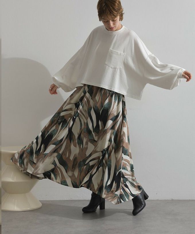 日本 Lupilien - 油畫線條感印花飄逸長裙(附口袋)-橘藍系