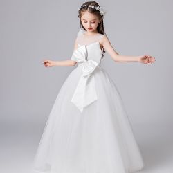 love, charlotte - 甜美氣質高級婚紗貢緞大蝴蝶結無袖長禮服-白色 (120 cm)
