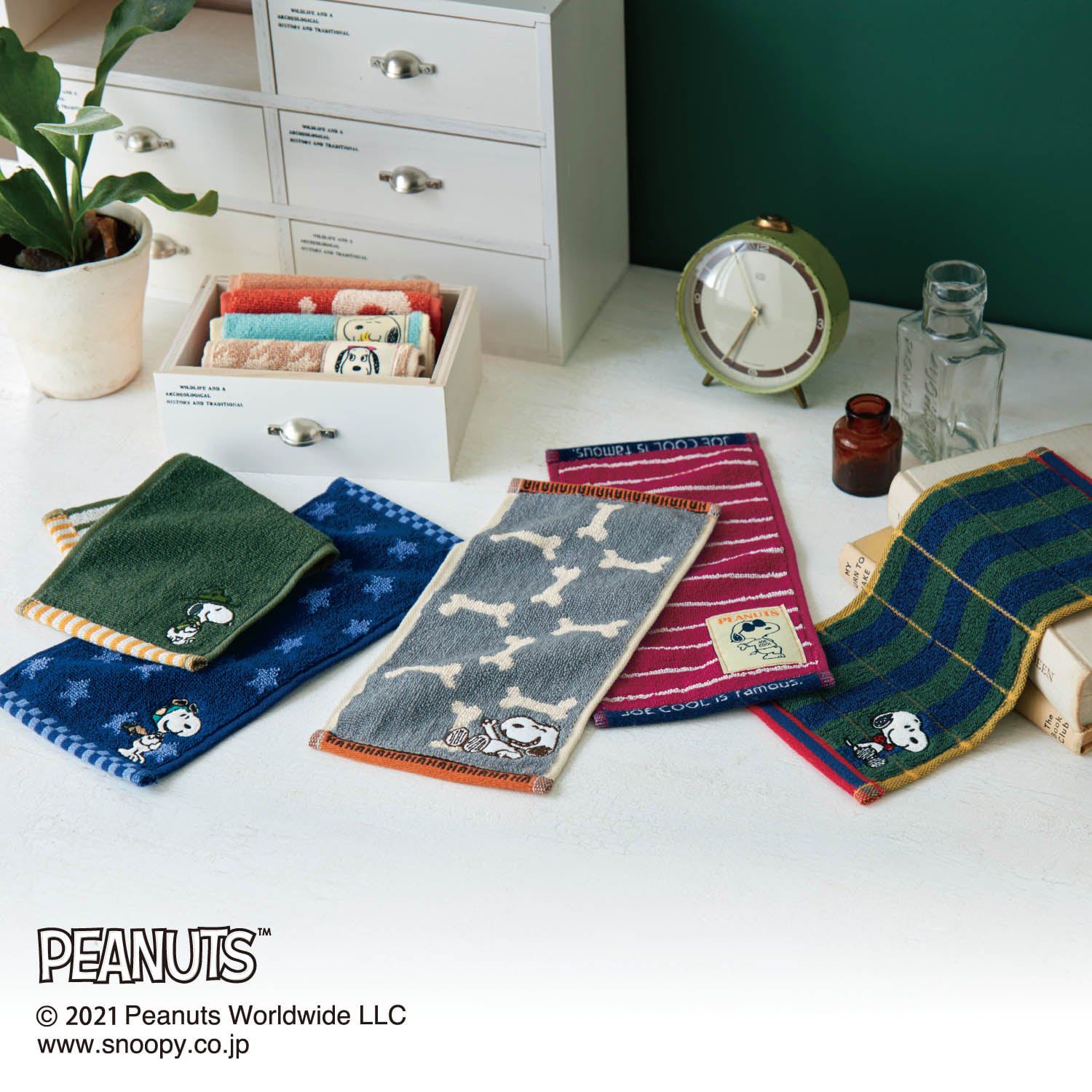 日本千趣會 - 史努比 抗菌除臭加工100%棉手帕-安迪和奧拉夫-藍綠 (約12.5×25cm)