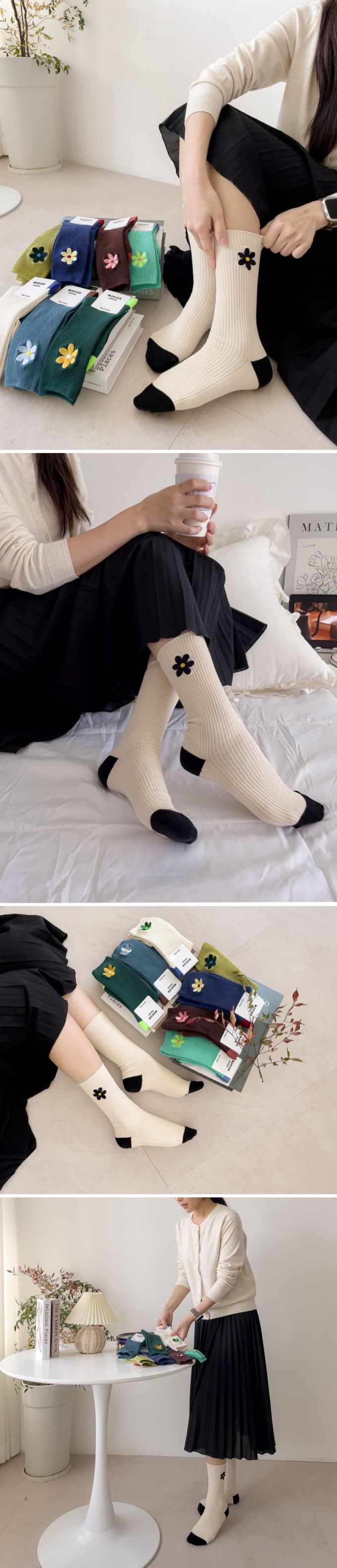 韓國 Marian - 小花刺繡直紋中筒襪-淺藍花-土耳其藍 (Free)