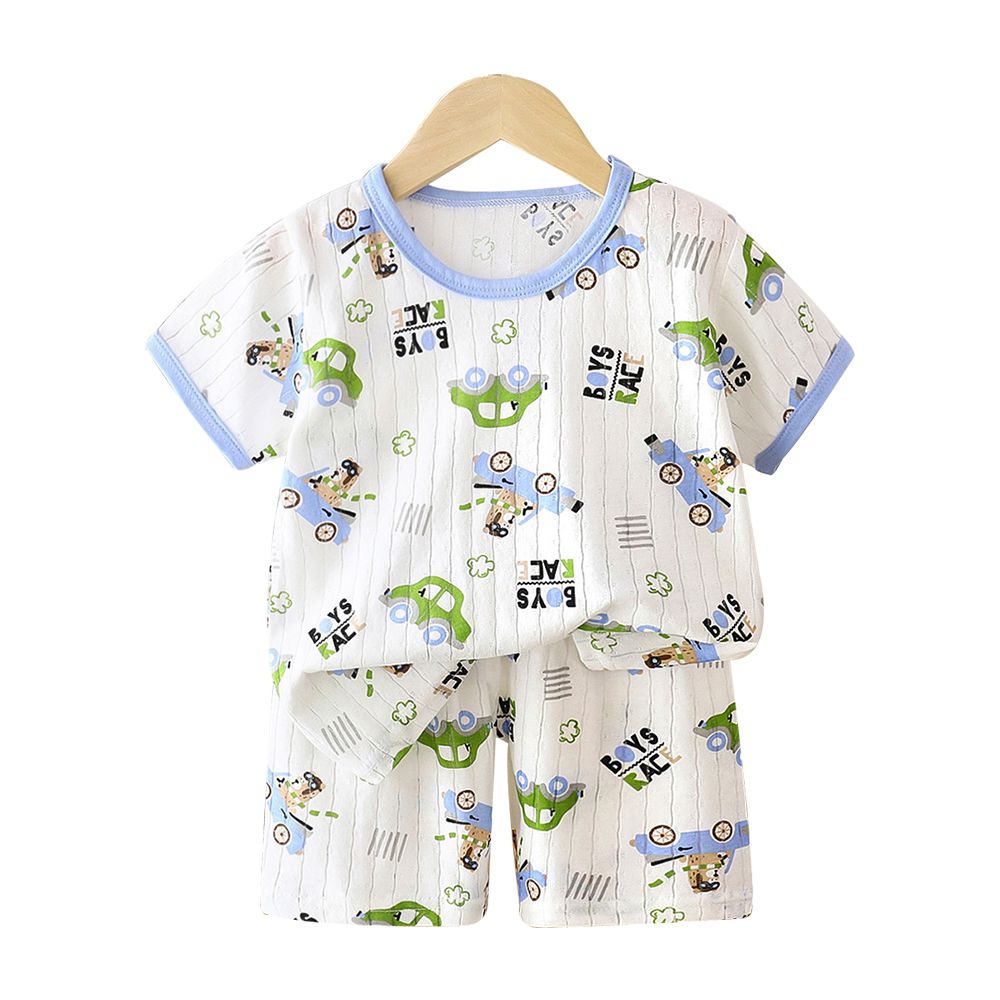 薄款純棉短袖套裝 兒童短袖睡衣 短褲童裝組-白底車車