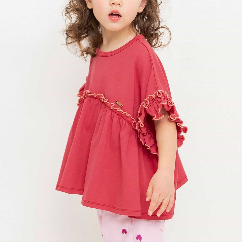 QQ木耳邊傘擺落肩短袖上衣-紅