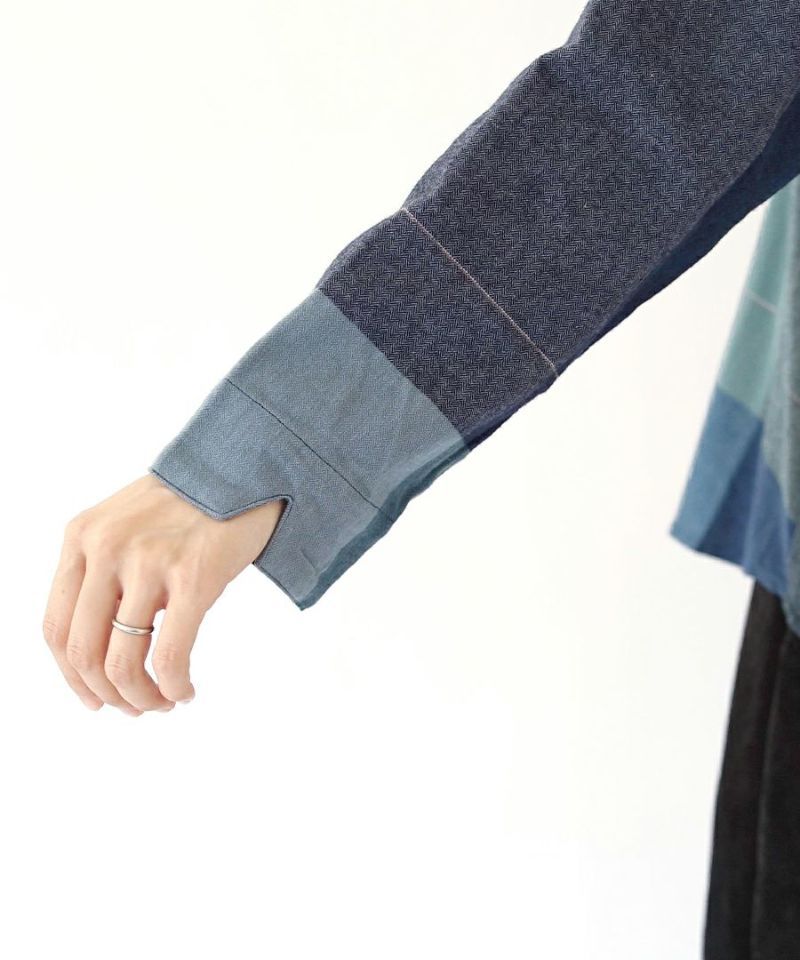 日本 zootie - 立領格紋拼接長袖上衣-藍