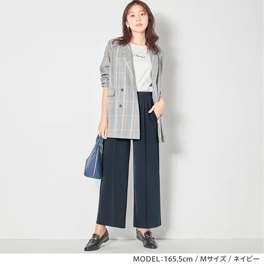 日本 BELLUNA - 美腿立體壓褶寬褲-深藍