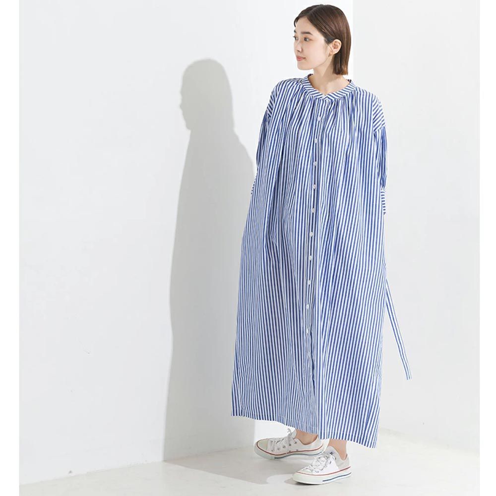 日本 OMNES - 文藝排扣綁帶氣球袖洋裝-條紋-水藍