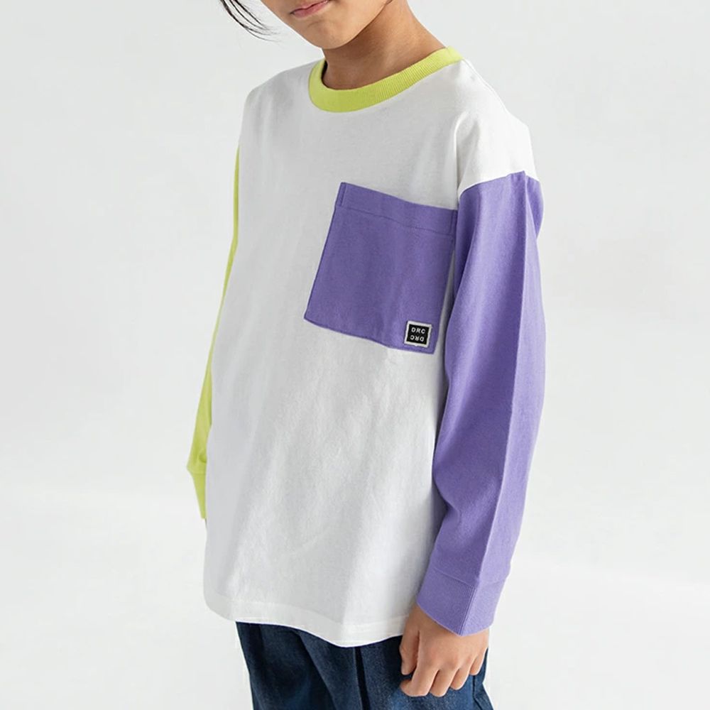 100%棉 簡約口袋長袖上衣-綠紫撞色-白