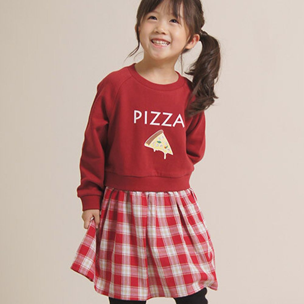 日本 TORIDORY - Pizza純棉拼接長袖洋裝-紅