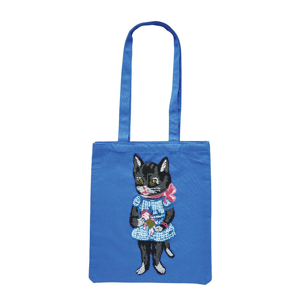 貓咪立體刺繡肩背托特包-寶藍