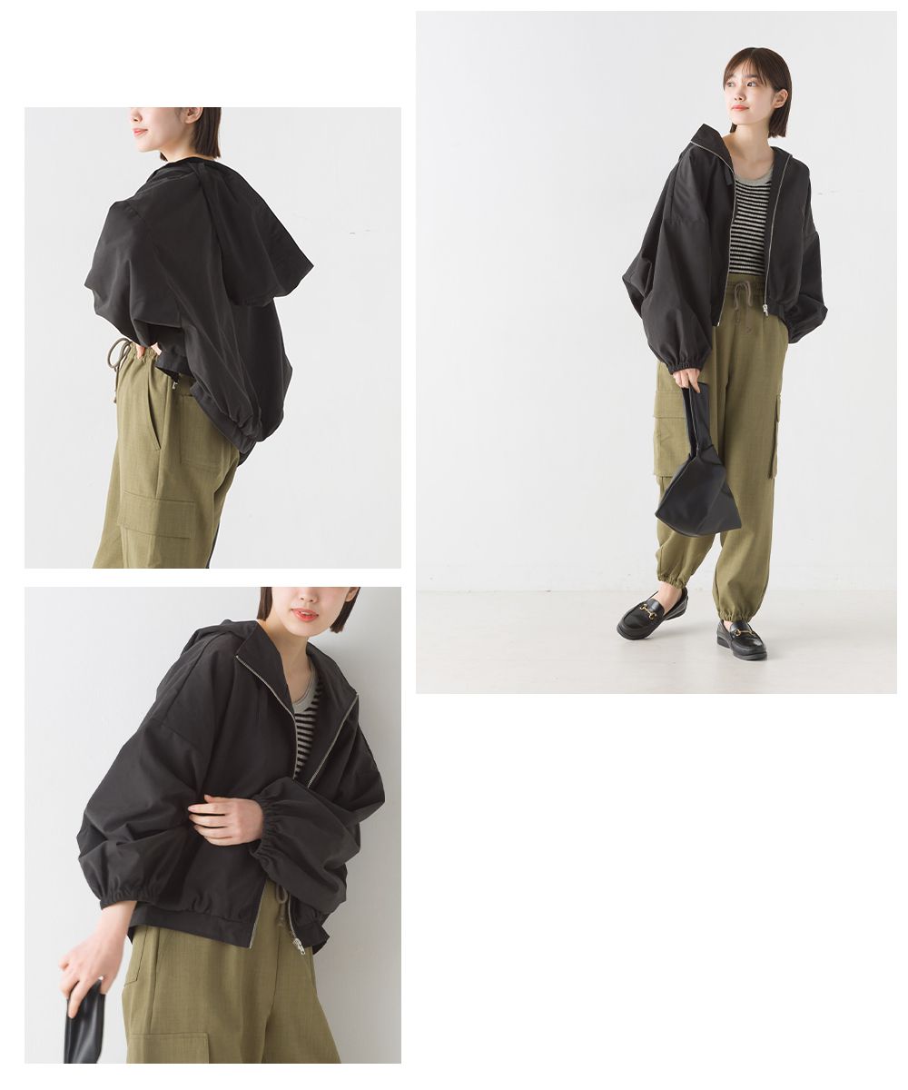 日本 OMNES - 短版澎澎袖風衣連帽外套-淺米杏