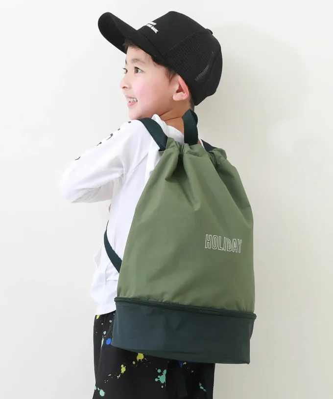 日本 devirock - 雙層設計防水便利游泳背包/水桶包-軍綠x深灰