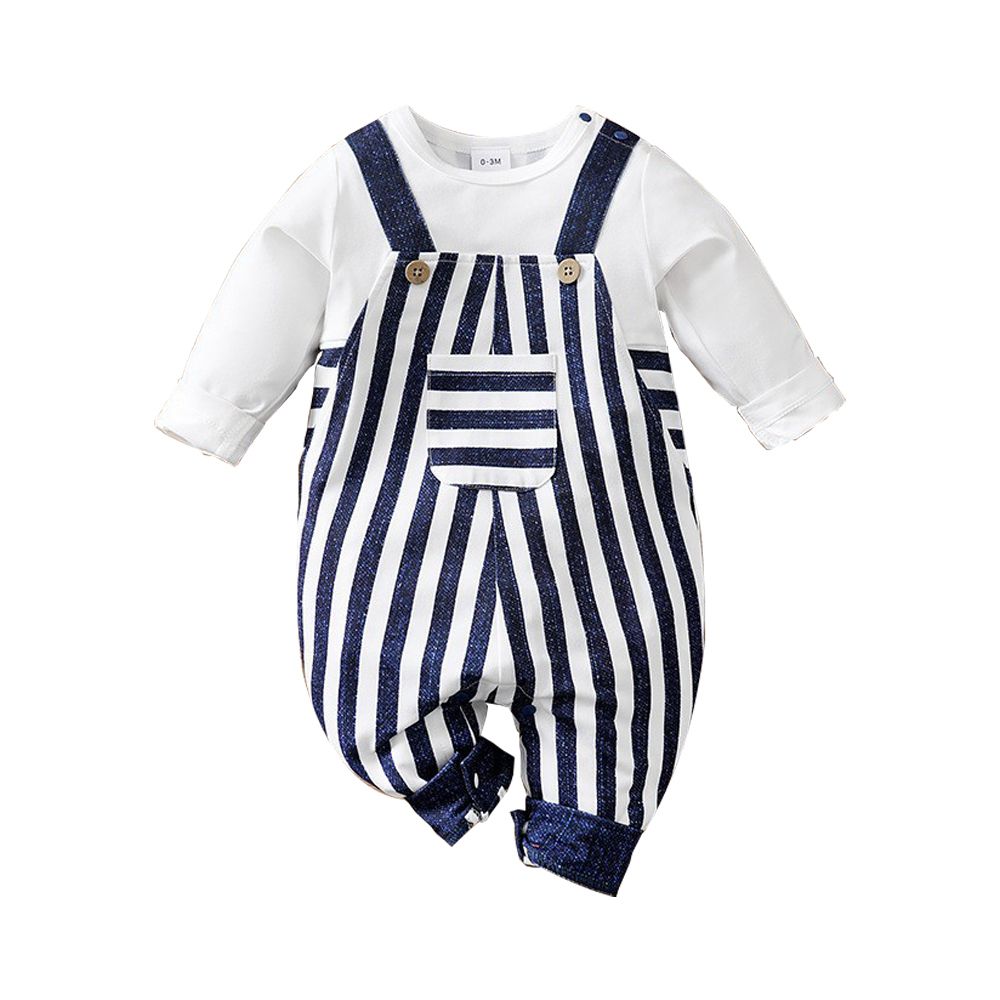 嬰兒長袖連身衣 秋冬造型 可愛包屁衣-牛仔條紋