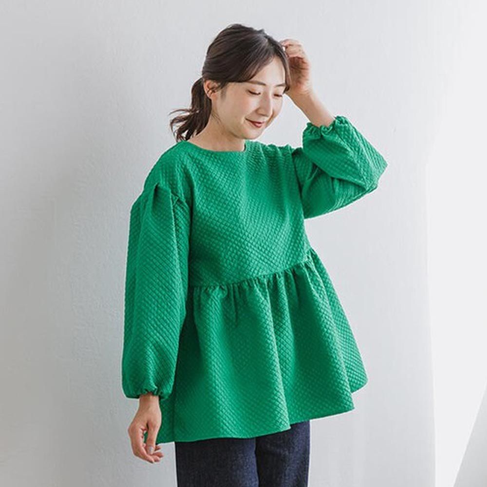 日本 ihuu - 甜美腰線壓紋後綁帶長袖上衣-寶石綠