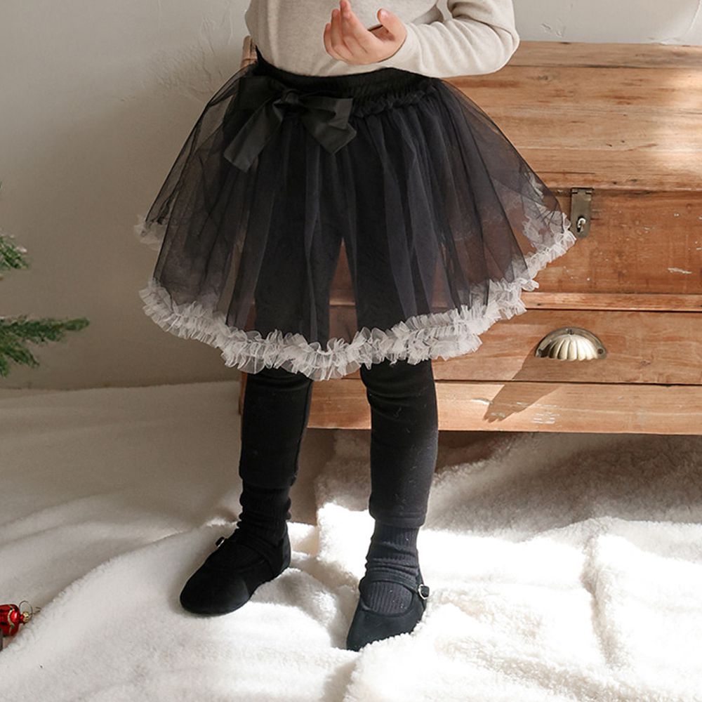 Puellaflo (內磨毛)鬆緊腰緞帶蝴蝶結網紗裙內搭褲-黑