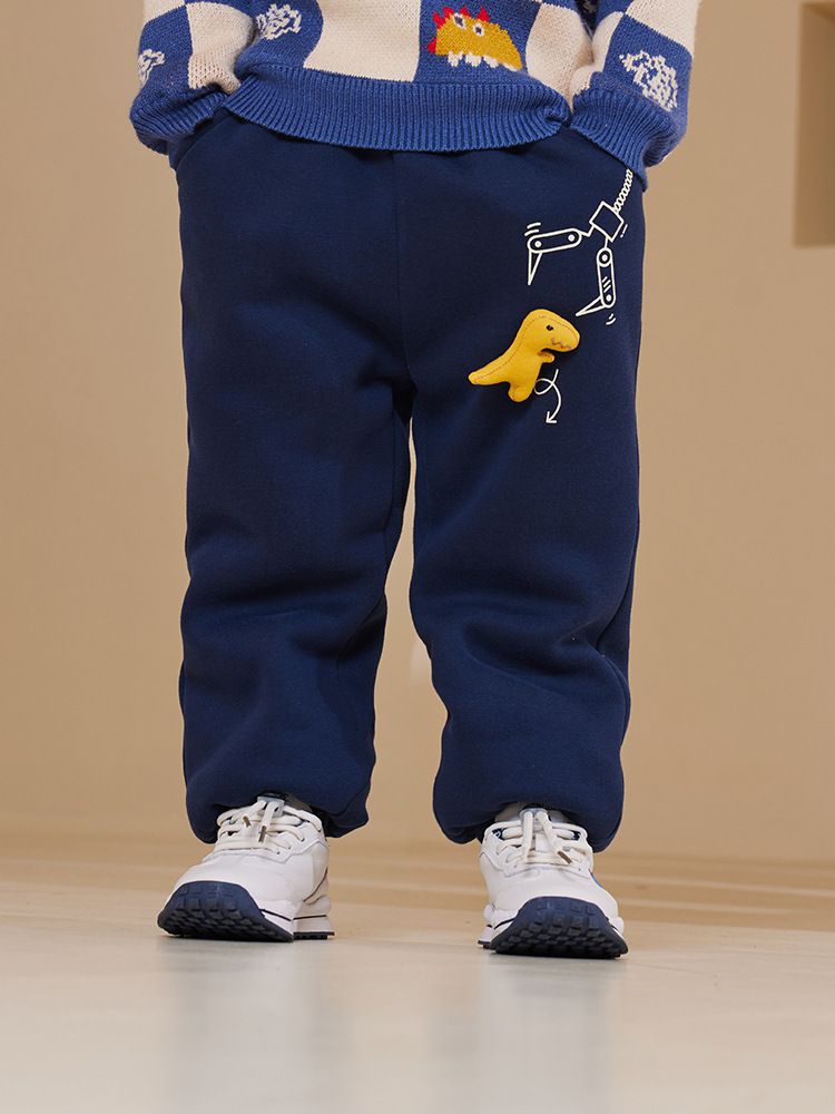 加絨腰鬆緊休閒保暖束口長褲-夾娃娃機恐龍-深藍色