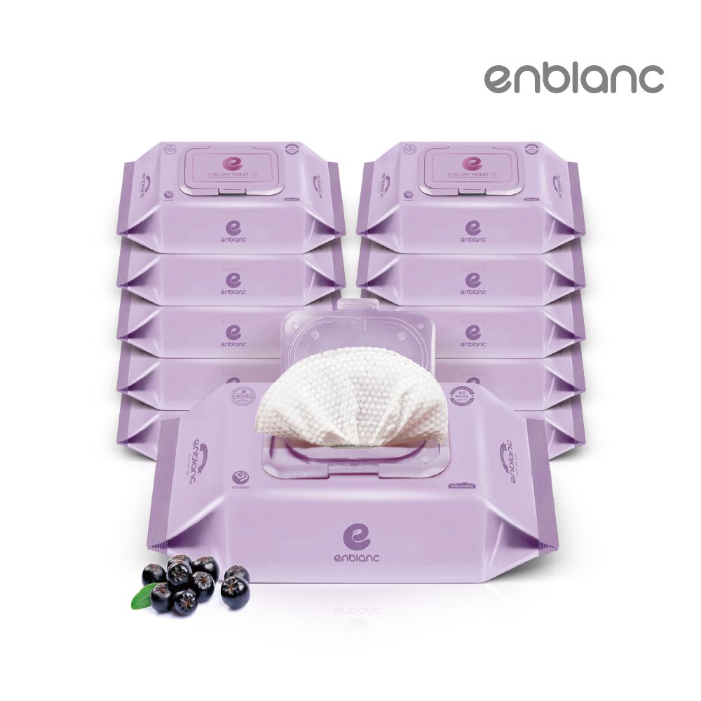 韓國 ENBLANC - 銀離子抗菌｜輕厚野櫻莓｜純水濕紙巾-有蓋大包-淺紫色-74抽10包