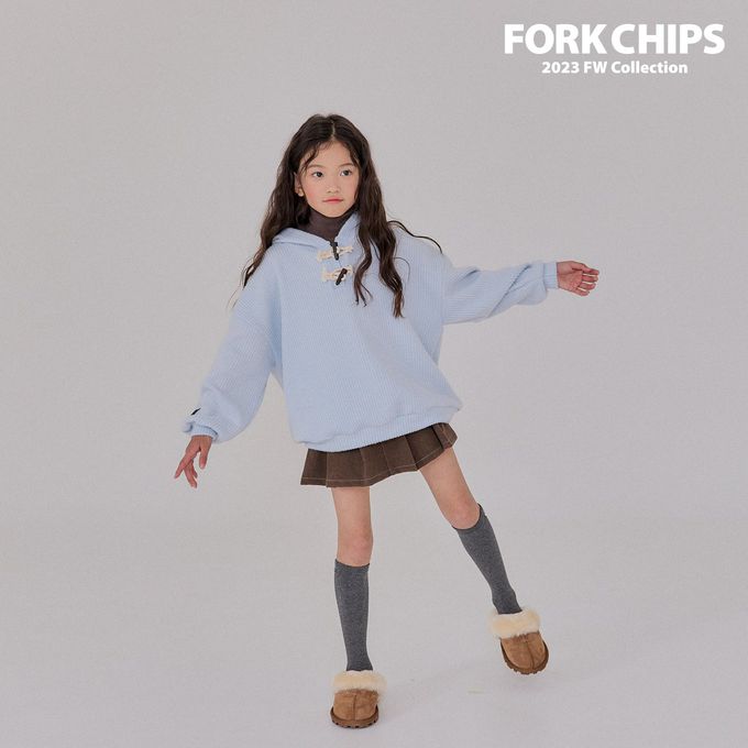 韓國 FORK CHIPS - 牛角釦裝飾拉絨連帽帽T-天藍