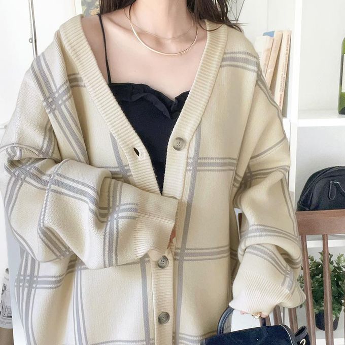 日本 Classical Elf - 歐風大格紋落肩針織外套-黑