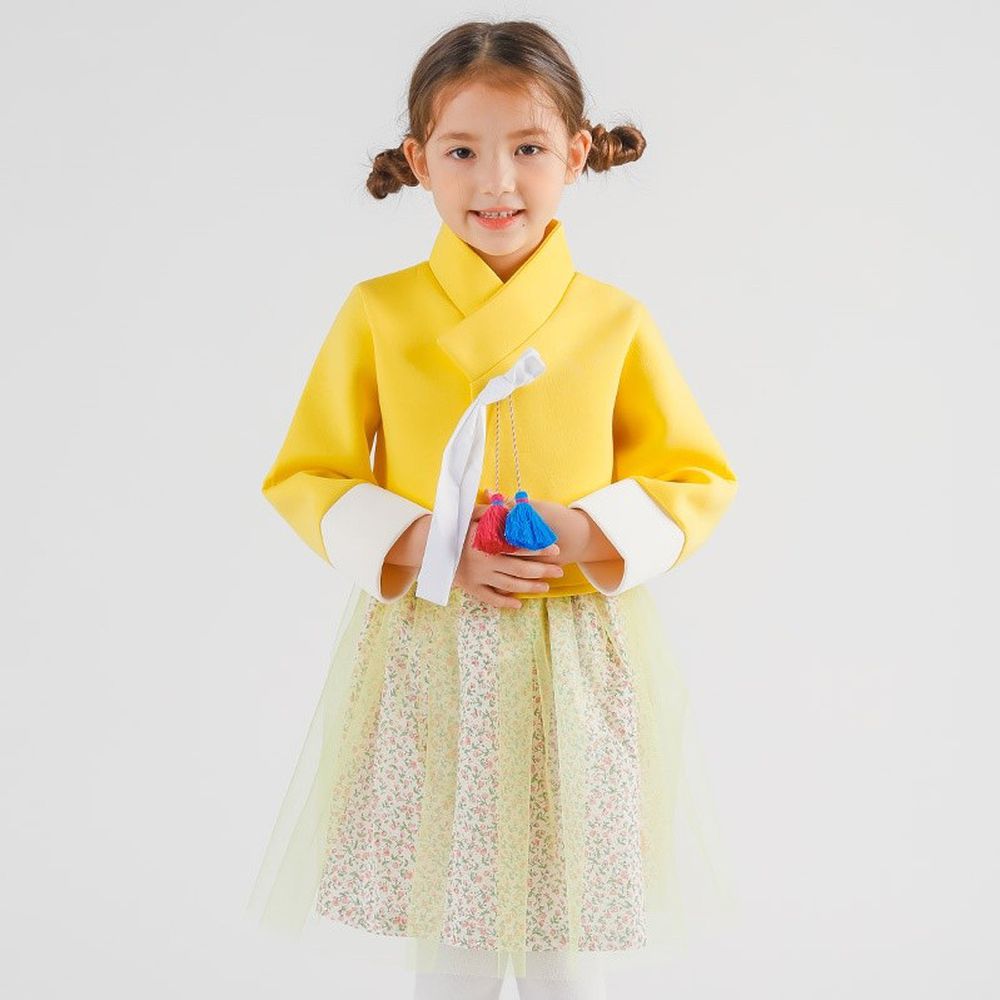 韓國 OZKIZ - 流蘇裝飾碎花紗裙2件式生活韓服-黃