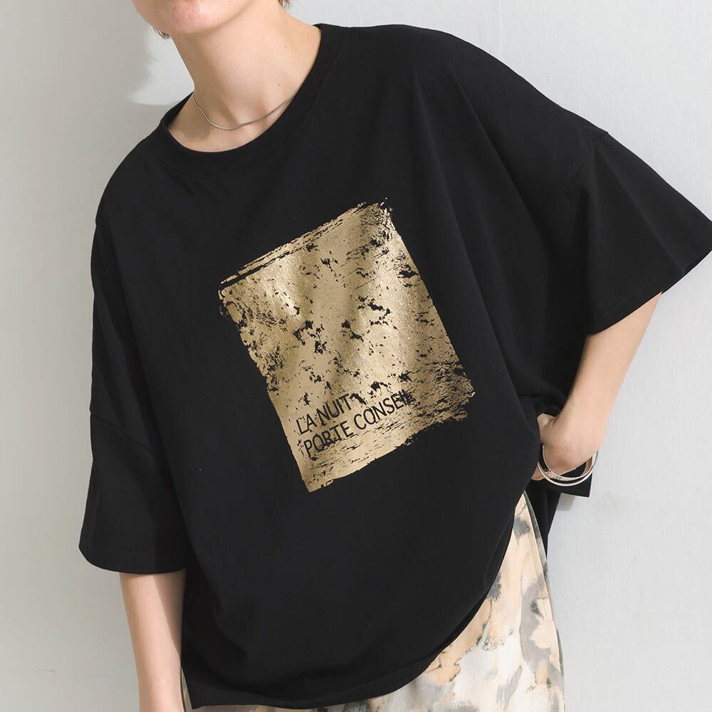 接觸冷感 金銀箔方塊印花T恤-黑