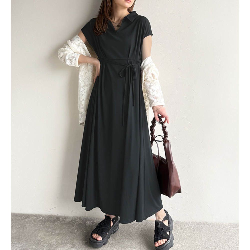 接觸冷感 優美V領腰綁帶短袖洋裝-長版-黑