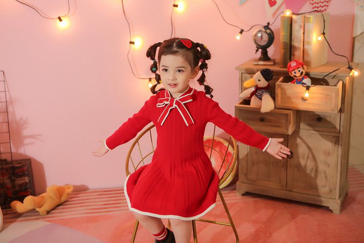 長袖針織洋裝-領口蝴蝶結-紅色