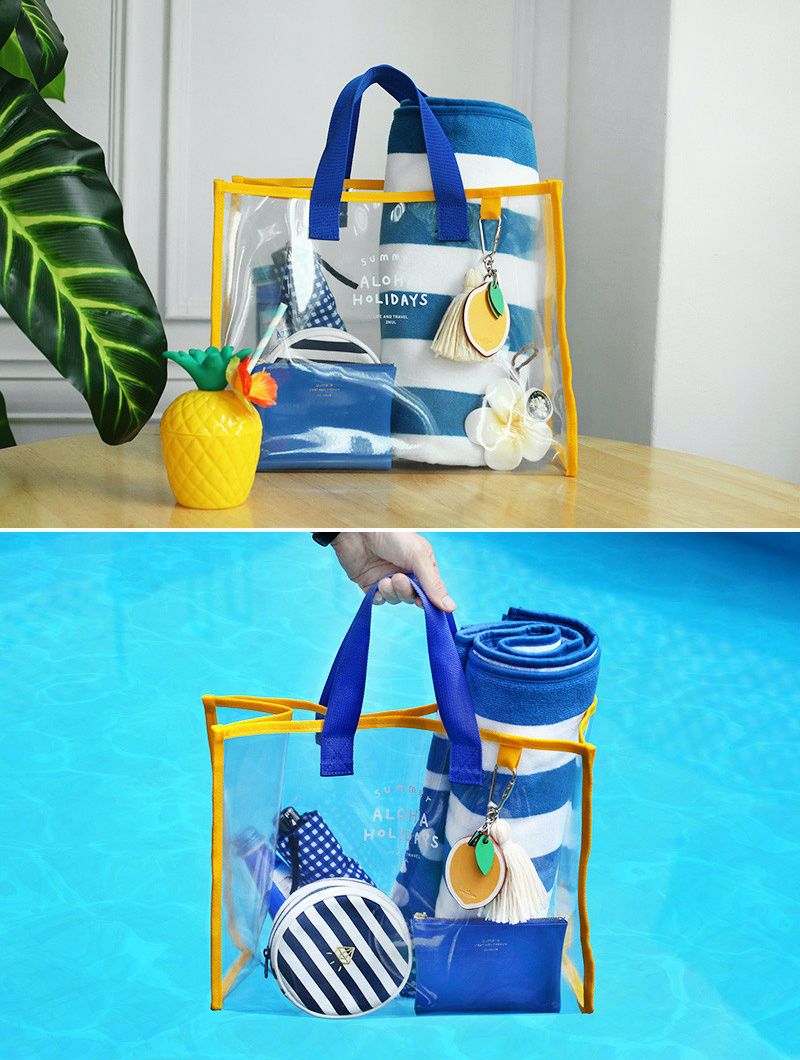 韓國製 - 雙色透明防水包-藍X黃 (35.5X28X15cm)