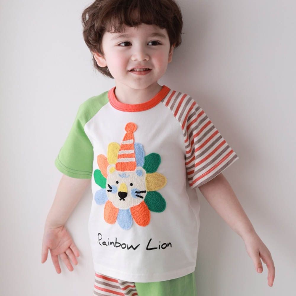 彩虹獅撞色條紋短袖上衣-綠X紅