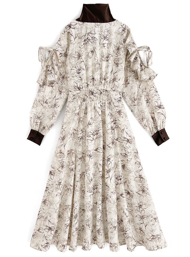 日本 GRL - 開袖設計碎花扭結長袖洋裝-米杏