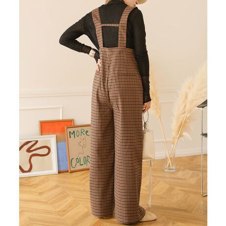 日本 Bab - 文藝少女歐風吊帶褲-格紋-卡其