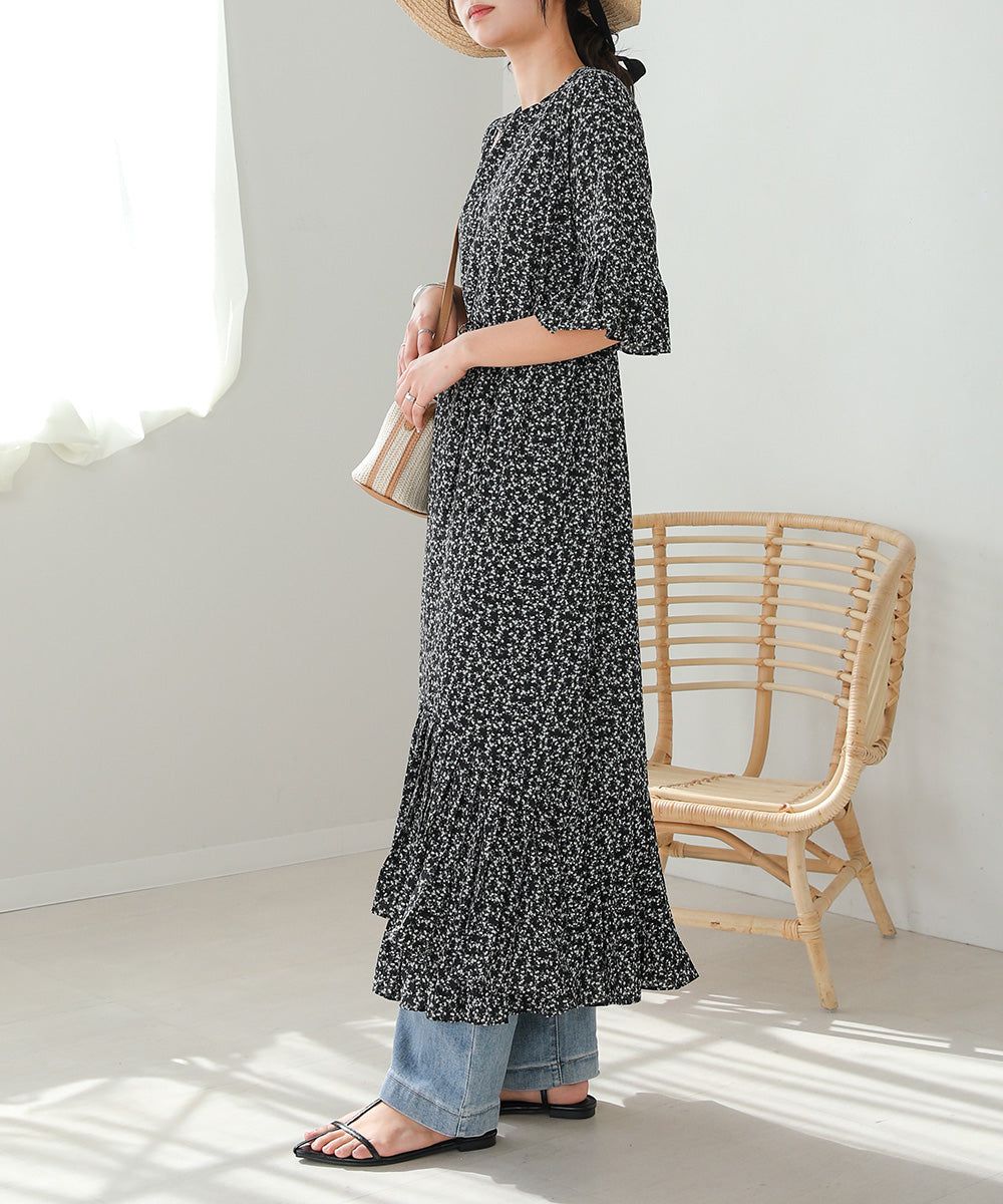 日本 Bab - 圓領碎花糖果袖洋裝-奶油白