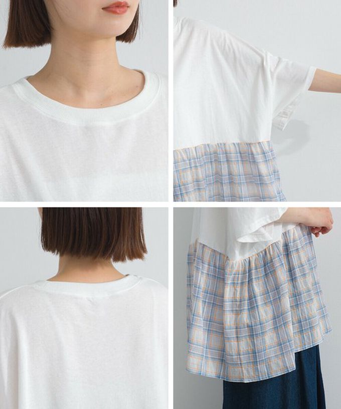 日本 Lupilien - 接觸涼感 可愛格紋休閒五分袖上衣-白