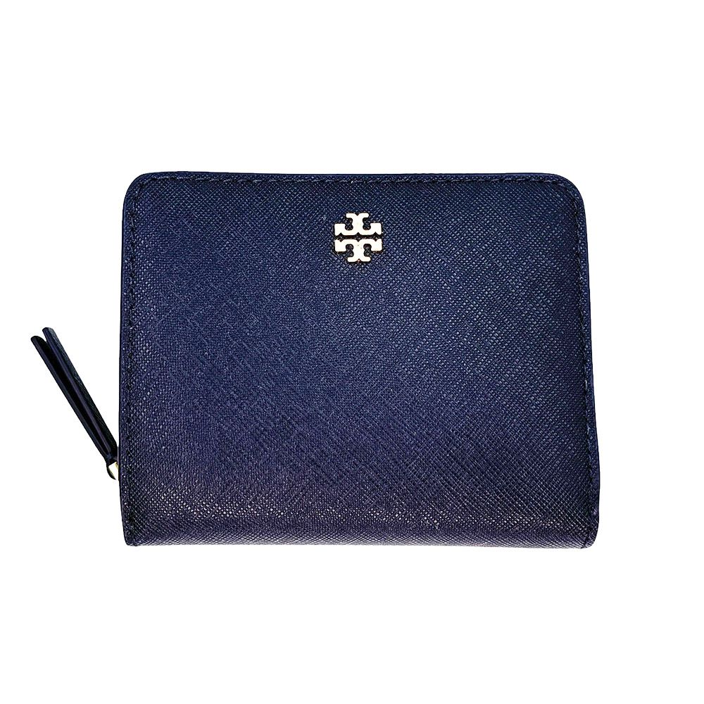 防刮皮革拉鍊短夾 (深藍)