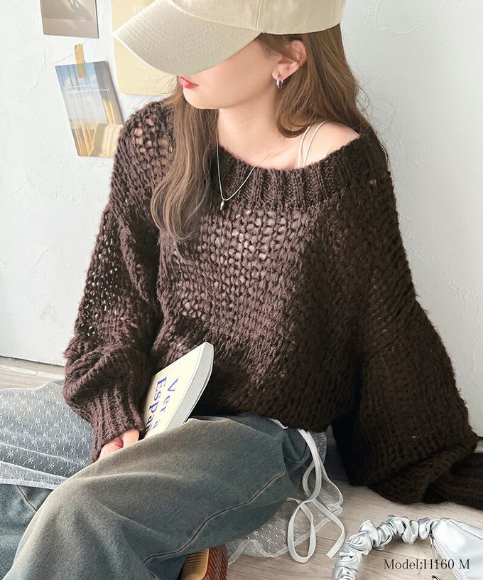 日本 Classical Elf - 甜美船領針織洞洞大寬袖毛衣-湖水綠