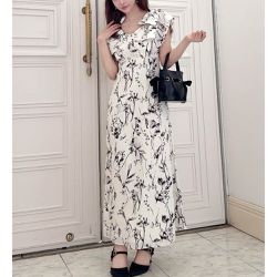 日本 GRL - 柔美花卉肩蝴蝶結V領短袖洋裝-白