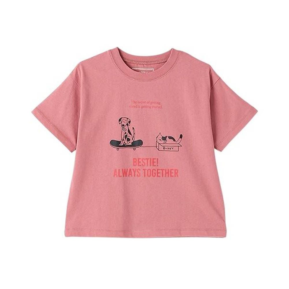 100%棉 幽默印花短袖上衣-狗狗＆貓咪-粉紅