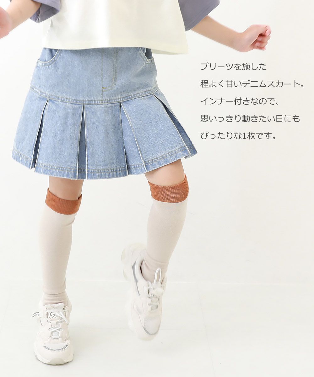 日本 devirock - 甜美百摺牛仔迷你裙(有貼心內裡褲)-水藍