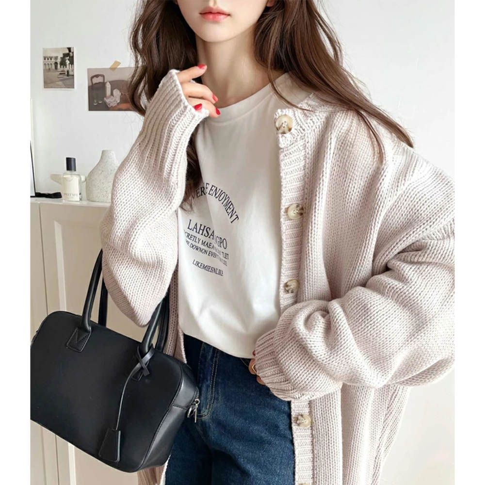 雙面穿寬鬆針織鈕釦開襟衫-淺灰