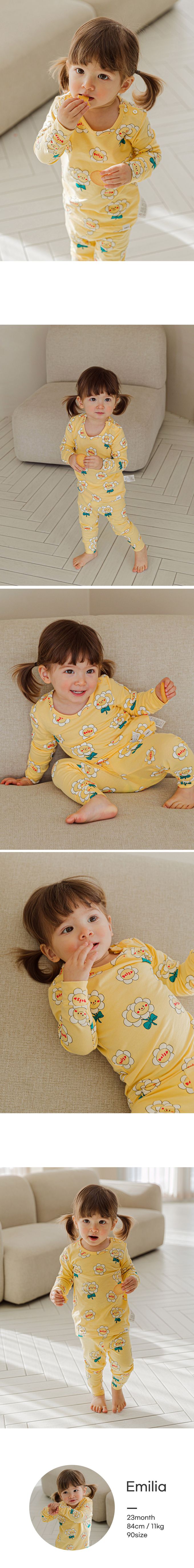 韓國 Cordi-i - 無螢光40支棉彈性長袖家居服-腮紅雛菊-黃