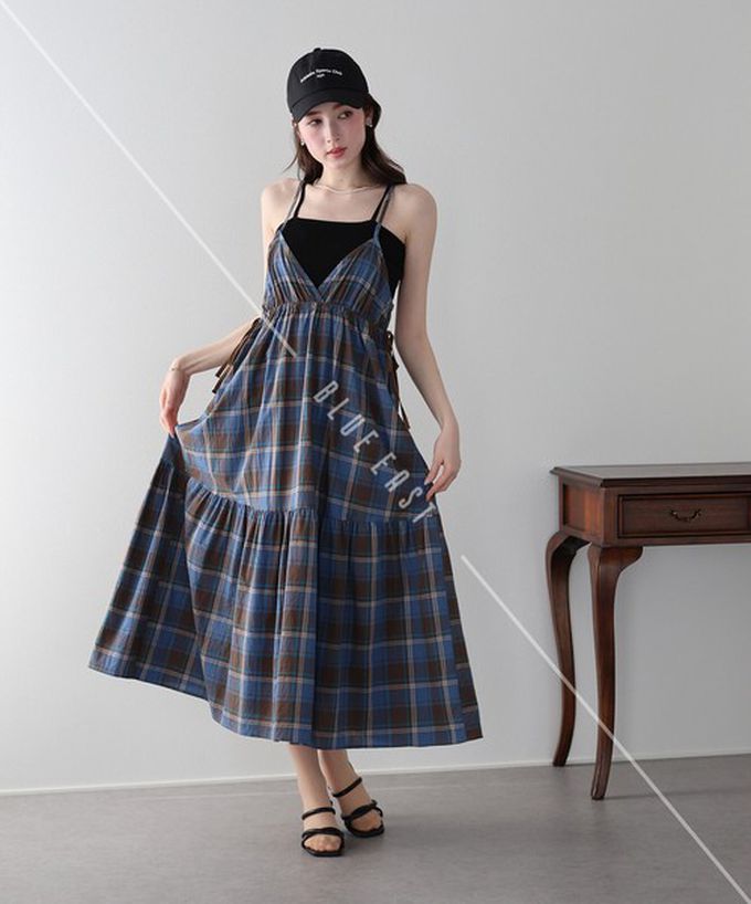 日本 BLUE EAST - 可愛格紋側蝴蝶結細肩帶洋裝-深藍 (M)