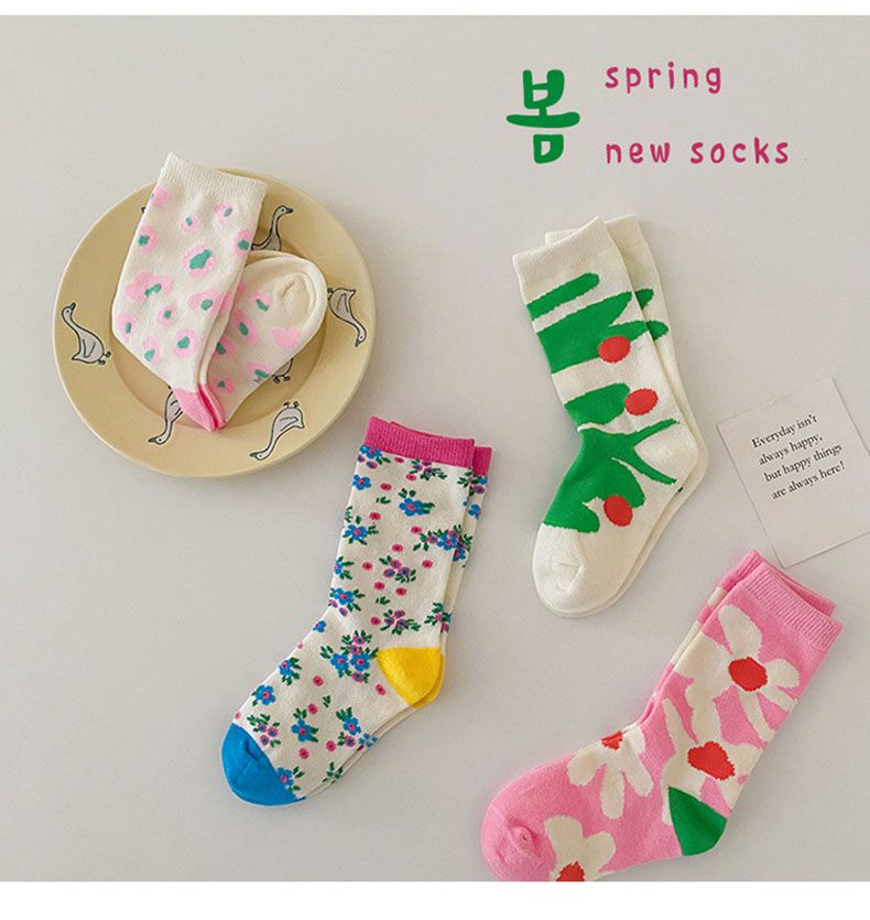 兒童中筒襪 (四入一組)-1092可愛碎花襪