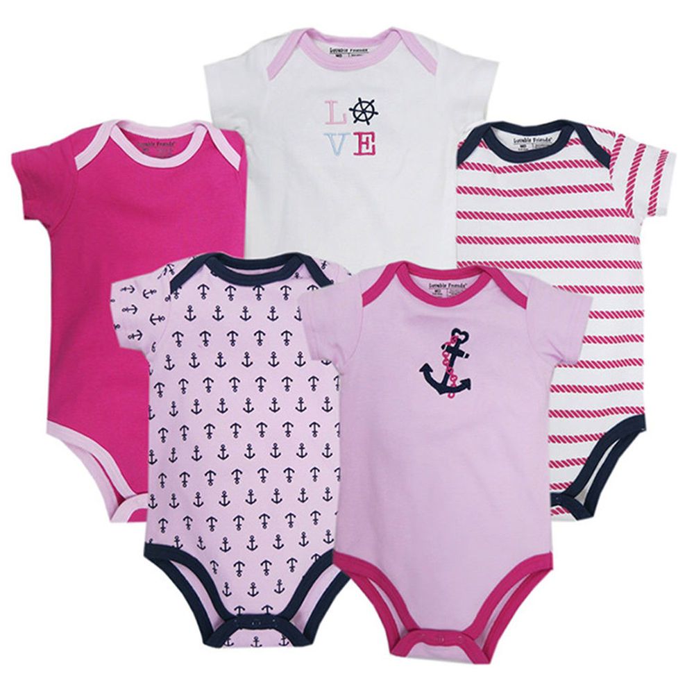 美國 Luvable Friends - 嬰幼兒短袖包屁衣5件組-粉船錨水手