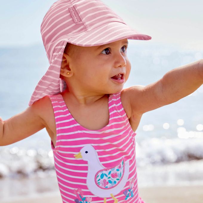 英國 JoJo Maman BeBe - 嬰幼兒/兒童泳裝戲水UPF50+防曬護頸遮陽帽-粉嫩條紋