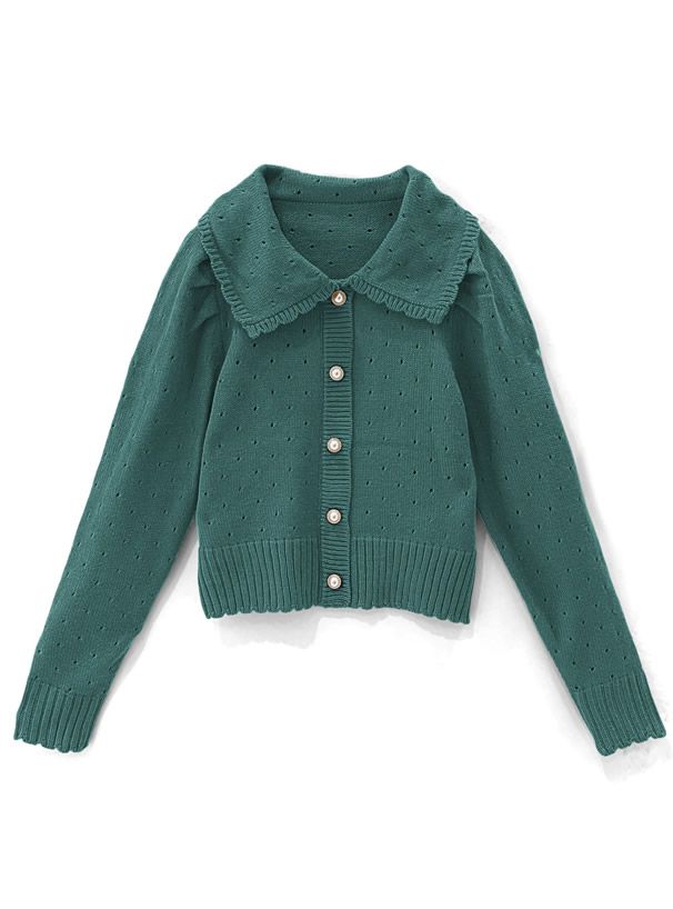 日本 GRL - 浪漫花朵領珍珠釦針織上衣-知性黑