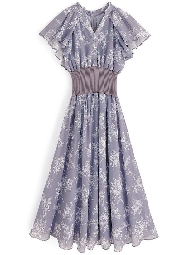 日本 GRL - 甜美小V領荷葉袖收腰碎花洋裝-星塵藍