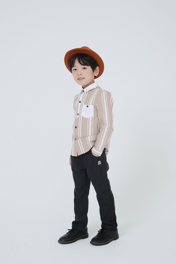 韓國 Coco Bang - 間隔條紋小口袋翻領長袖襯衫-灰