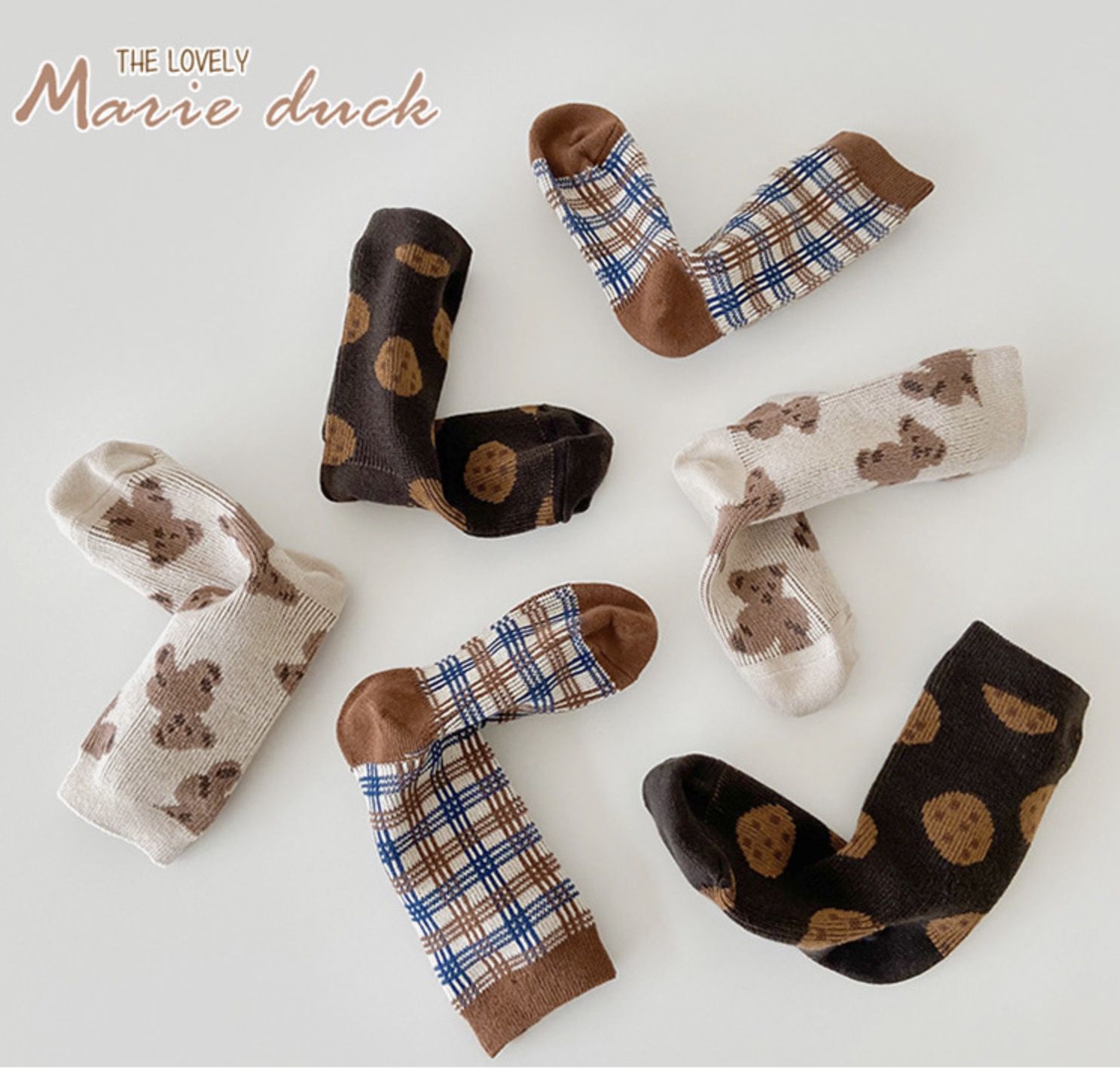 love, charlotte - 小熊與餅乾精梳棉中筒襪-3 雙一組