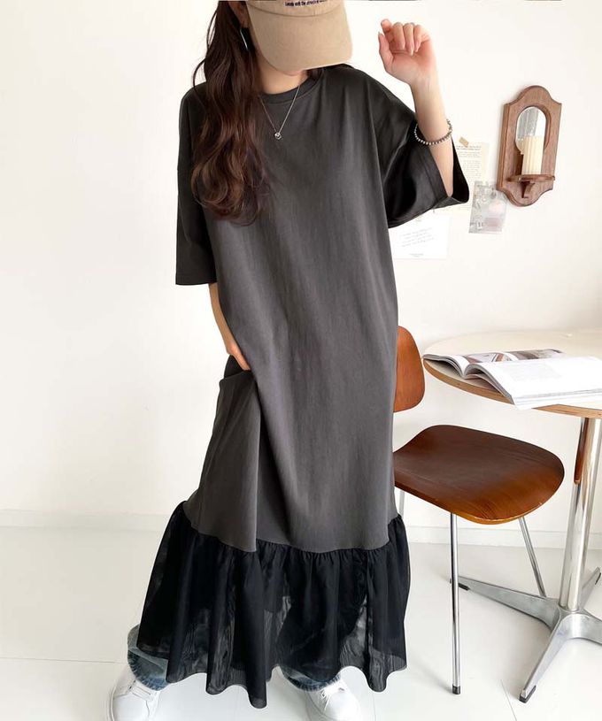 日本 Classical Elf - 飄逸下擺薄紗休閒短袖洋裝-黑